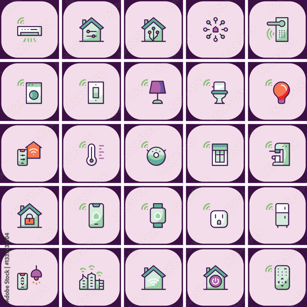 Poster smart home automation vector icon set with connected device illustrations