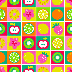Colorful fruits and hibiscus flowers with square pattern design for summer holidays background.