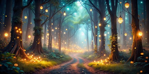 Naklejka premium Enchanting Night Forest: Mystical Glow & Bokeh Lights