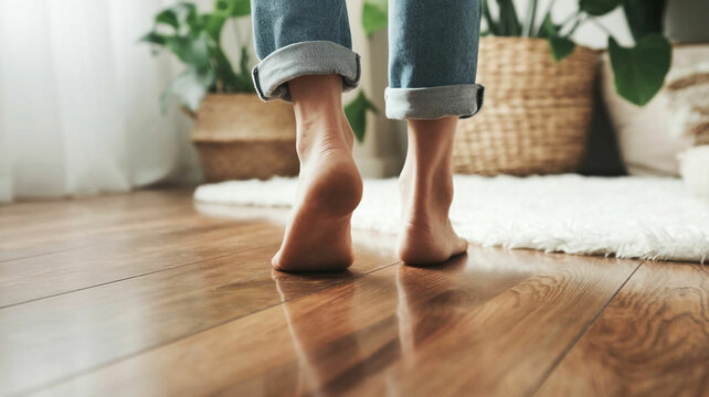 Barefoot Walking on Wooden Floor in Cozy Home Interior
