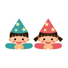 생일파티 고깔모자를 쓴 어린이 벡터 일러스트
