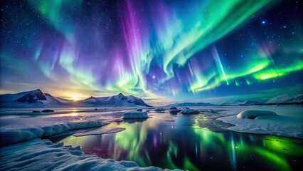 Ethereal Aurora Borealis Dancing Over Icy Polar Landscape - Long Exposure Photography