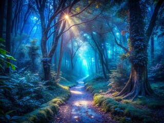 Fototapeta premium Ethereal Blue Light Illuminates Mysterious Dark Forest Path - Surreal Stock Photo