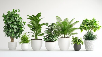 Eight potted indoor plants on white background.