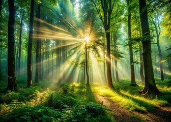 Obraz premium Ethereal Sunlight Rays in Mystical Forest - Bokeh Photography