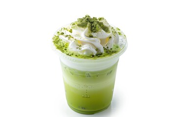 Iced Matcha Latte Green Tea with Milk Foam in Cup Isolated on White Background Clipping Path