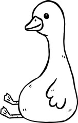 Cute Silly Goose Black and White Outline Sitting Fat Cartoon Hand Drawn Doodle