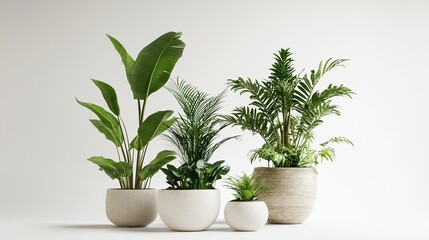 Obraz premium Four potted indoor plants on white background.