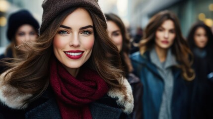Obraz premium Woman in red scarf and lipstick smiling with friends in a bustling urban street scene