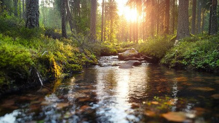 Obraz premium Serene Forest Clear Stream Scene, Vibrant Greenery and Wildlife Flourishing, Environmental Harmony Depicted.