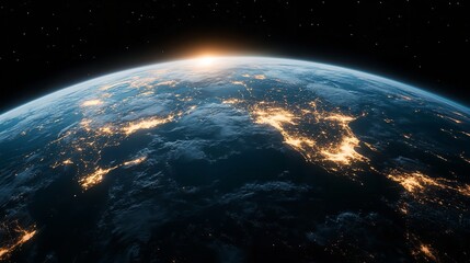 Fototapeta premium View of Earth from space showcasing nighttime city lights and a rising sun on the horizon