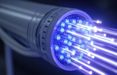 Close-up of glowing fiber optic cables displaying blue light.