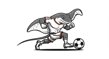 Cartoon illustration of a stingray character playing soccer energetically on a white background - stingray clipart