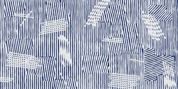 Abstract hand drawn brush line experimental pattern in white and indigo blue, Japanese and tribal wood carving, weaving, basketry textured surface background, irregular stripe graphic for textile