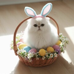 Adorable White Persian Cat Wearing Bunny Ears Sitting in an Easter Basket