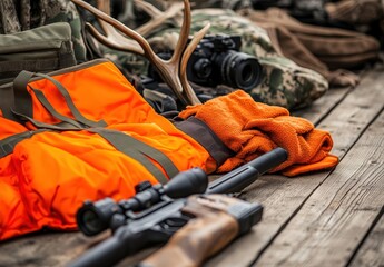 Hunting gear and orange safety vest on wooden surface.