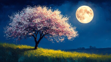 Watercolor painting of a full moon night, illuminating a flowering tree surrounded by lush nature