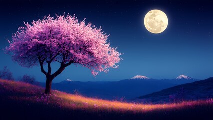 Watercolor painting of a full moon night, illuminating a flowering tree surrounded by lush nature