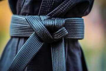 Close-up of a black martial arts belt tied in a knot on a uniform.