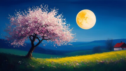 Watercolor painting of a full moon night, illuminating a flowering tree surrounded by lush nature