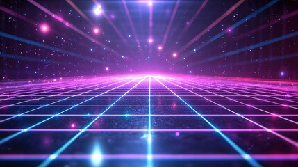 Retro futuristic grid landscape with glowing neon lines and particles.