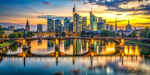 Fototapeta premium Frankfurt Skyline: River Main, Modern Architecture & New Bridge