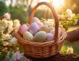 A serene Easter morning scene featuring a wicker basket filled with colorful Easter eggs