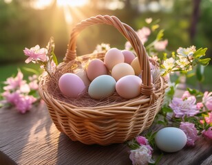 A serene Easter morning scene featuring a wicker basket filled with colorful Easter eggs