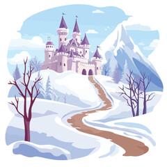 Serene Winter Landscape with Castle and White Mountains Covered in Snow