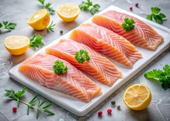Fresh Raw Fish Fillets on White Cutting Board - Aerial View