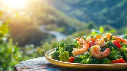 Shrimp Salad with Lush Mountain Background / 豊かな山々を背景にしたエビサラダ