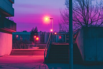 Urban Landscape with Stairs, Lamppost, and Bare Tree at Dusk in Neon Pink and Blue
