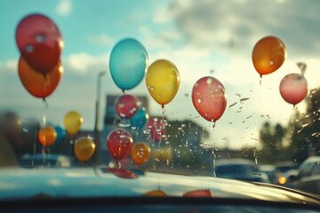 Colorful Balloons Tied to Car in Rainy Weather