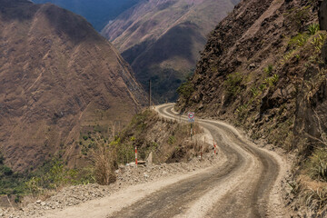 Narrow road in Urubamba river valley between Santa Maria and Santa Teresa towns, Peru