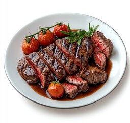 Sliced grilled steak with roasted cherry tomatoes and rosemary in red wine sauce.