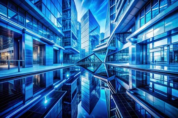 Futuristic Cityscape: Abstract Blue Geometric Architecture, High-Tech Design, Fashion Photography