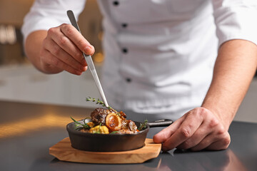 Professional chef serving dish at table indoors, closeup