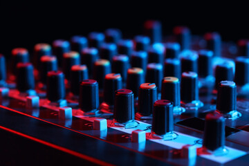 Professional mixing console on black background in neon lights, closeup