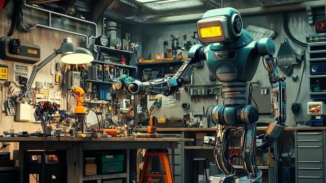Robot working in a vintage workshop surrounded by tools and gadgets in a creative environment
