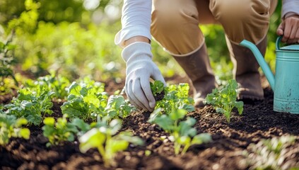Naklejka premium Gardener tending to young plants in a sunlit vegetable garden.