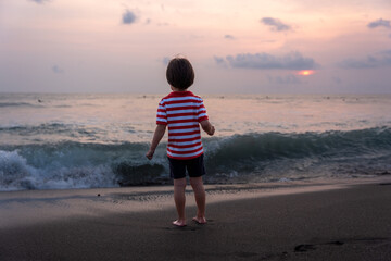 ビーチを歩く男の子の後ろ姿