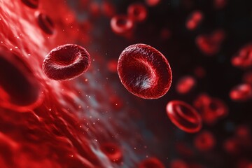 Dynamic close-up of red blood cells flowing in a bloodstream.