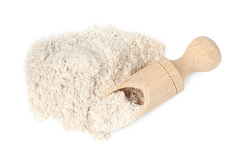 Pile of brown rice flour and scoop isolated on white, top view