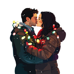 Romantic Young Couple Kissing Under Bright Christmas Lights