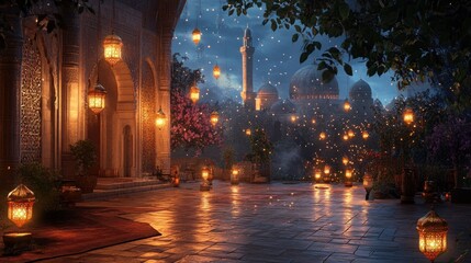 Fototapeta premium Enchanting evening ambiance: Lanterns illuminate a serene mosque courtyard at twilight