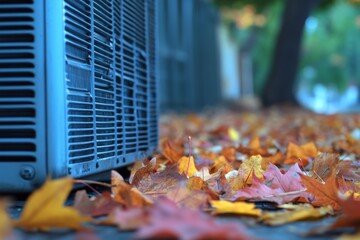 Autumn leaves covering sidewalk near outdoor air conditioning unit