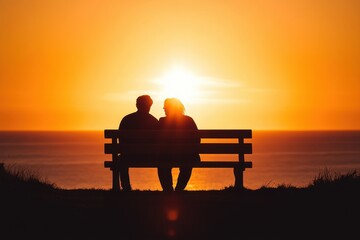 Obraz premium A couple sitting on a bench, enjoying a beautiful sunset by the ocean.