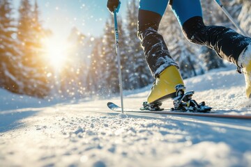 Person skiing in sunlit snowy landscape with bright yellow ski boots.