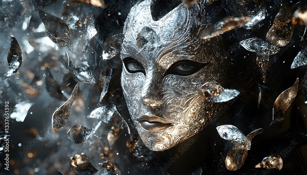Poster A lavish masquerade where the masks are made of floating silver light, shifting shape to reveal hidden identities