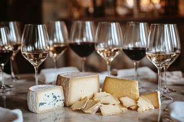 Cheese tasting event featuring a variety of cheeses paired with an assortment of wines